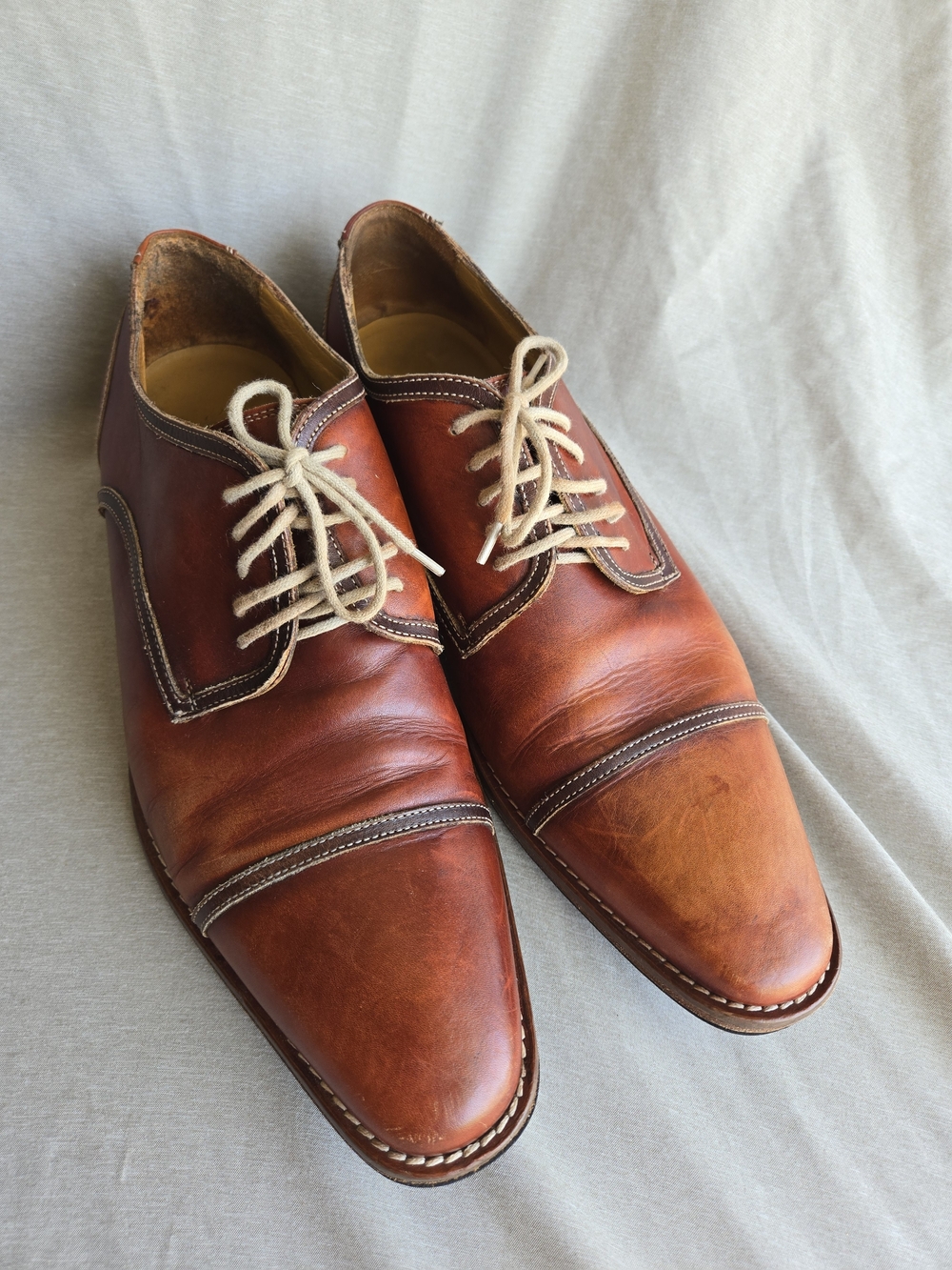 Ron White Men's Cap-Toe Leather Derby Shoes Cognac Brown - Size EU 44.5